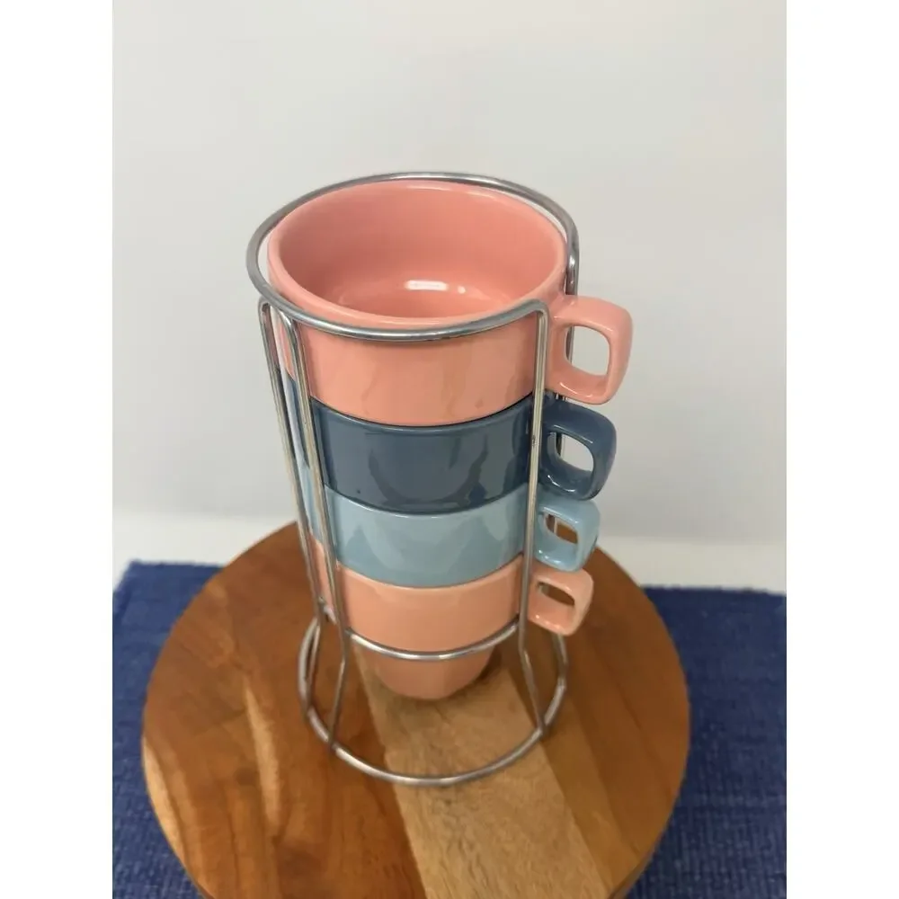 Pier 1 Imports Stackable Coffee Mugs 6 oz Pink & Blue Stoneware w/ Metal Rack